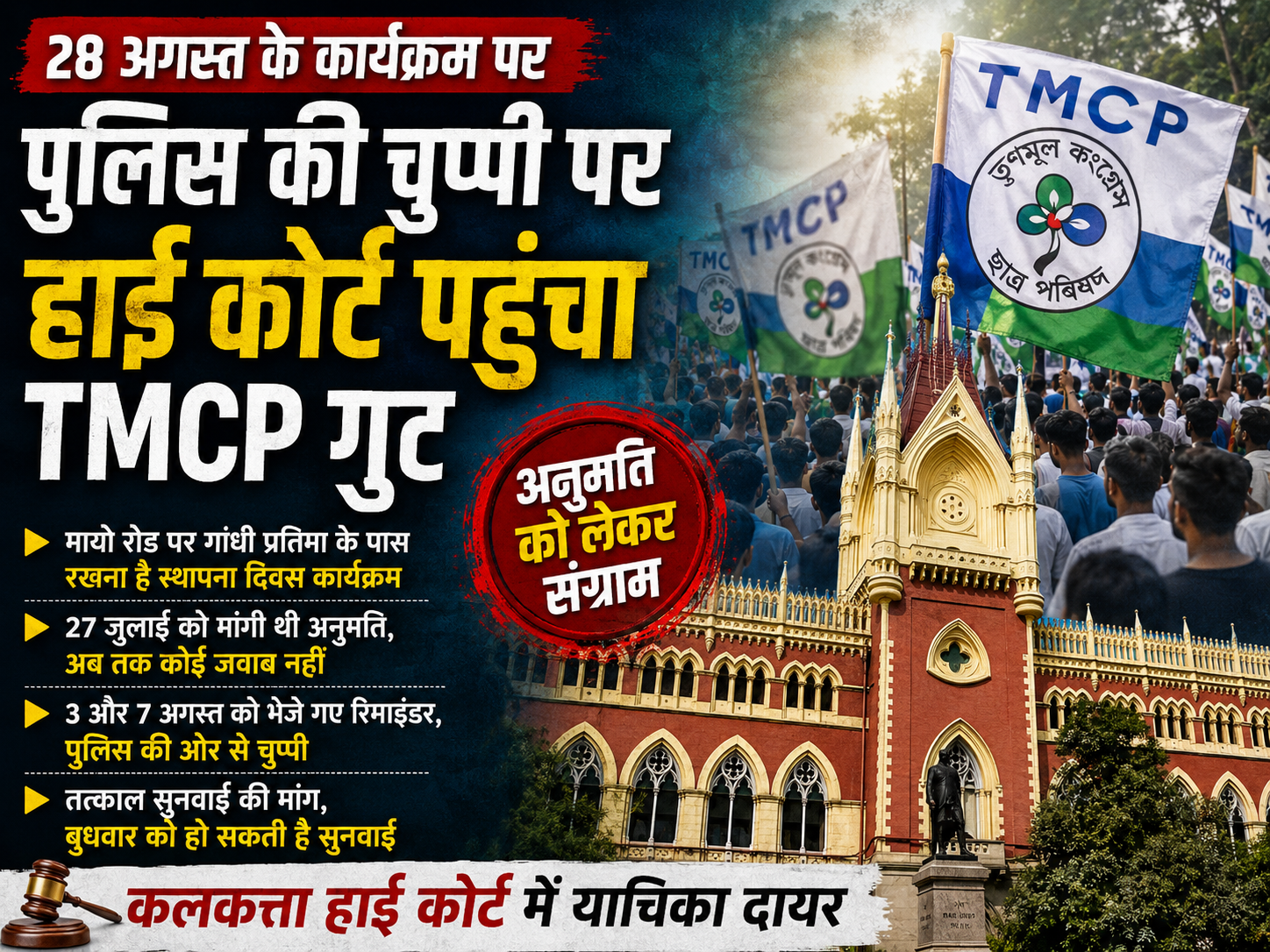 TMCP के कार्यक्रम पर पुलिस की चुप्पी, 28 अगस्त के आयोजन के लिए हाई कोर्ट पहुंचा गुट